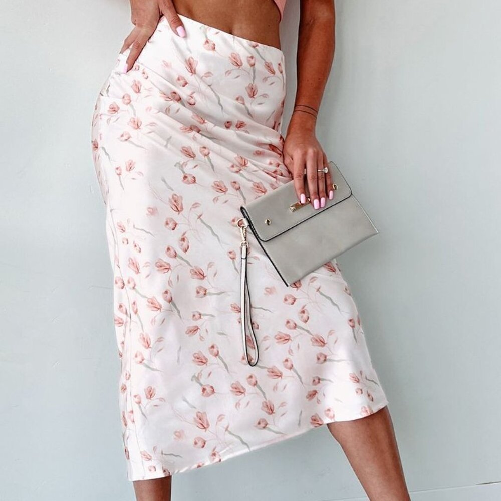 Springtime Sentiments Floral Satin Skirt (Blush) - Large